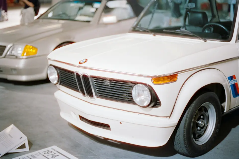 Close-up of a white vintage BMW car